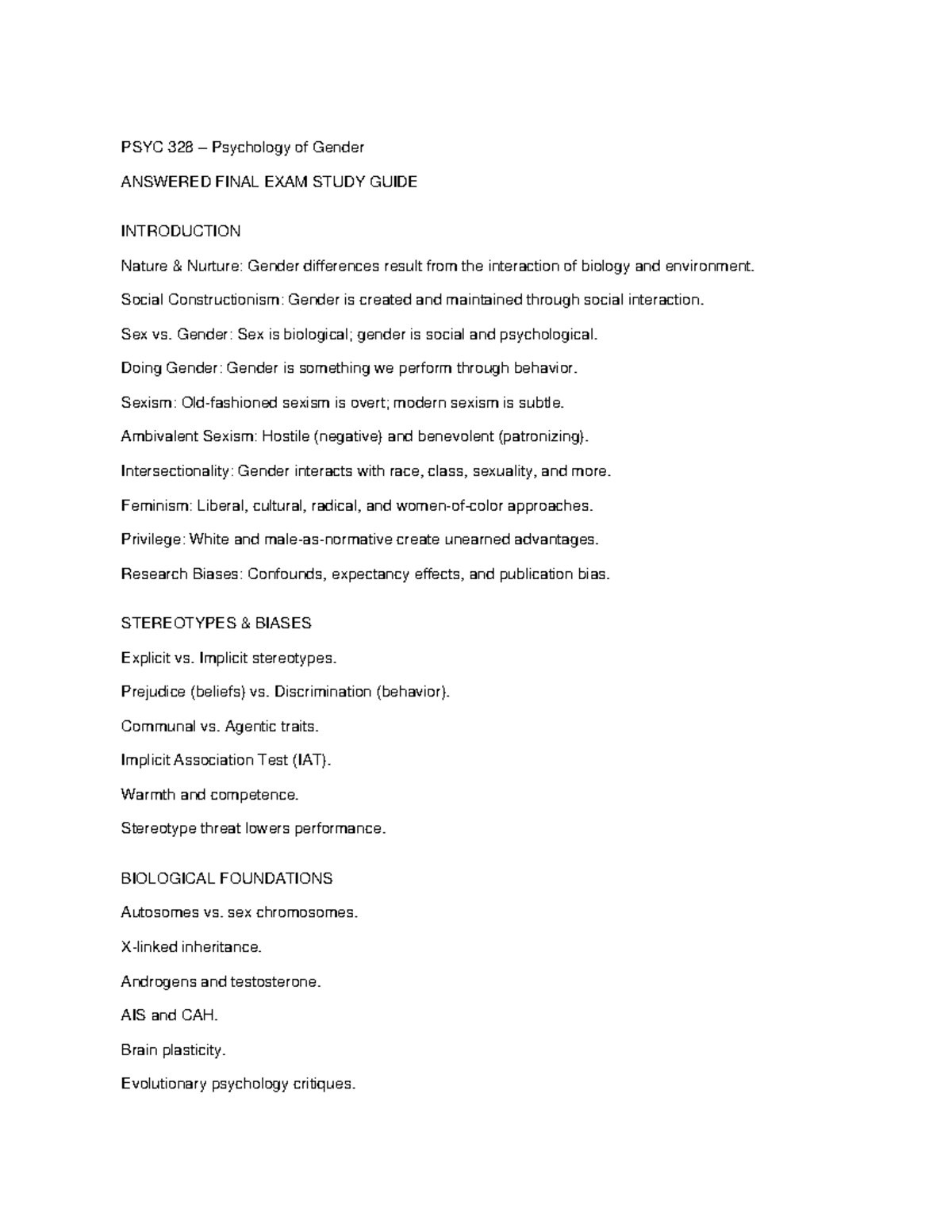 PSYC 328 Final Exam Study Guide: Psychology of Gender - Studocu