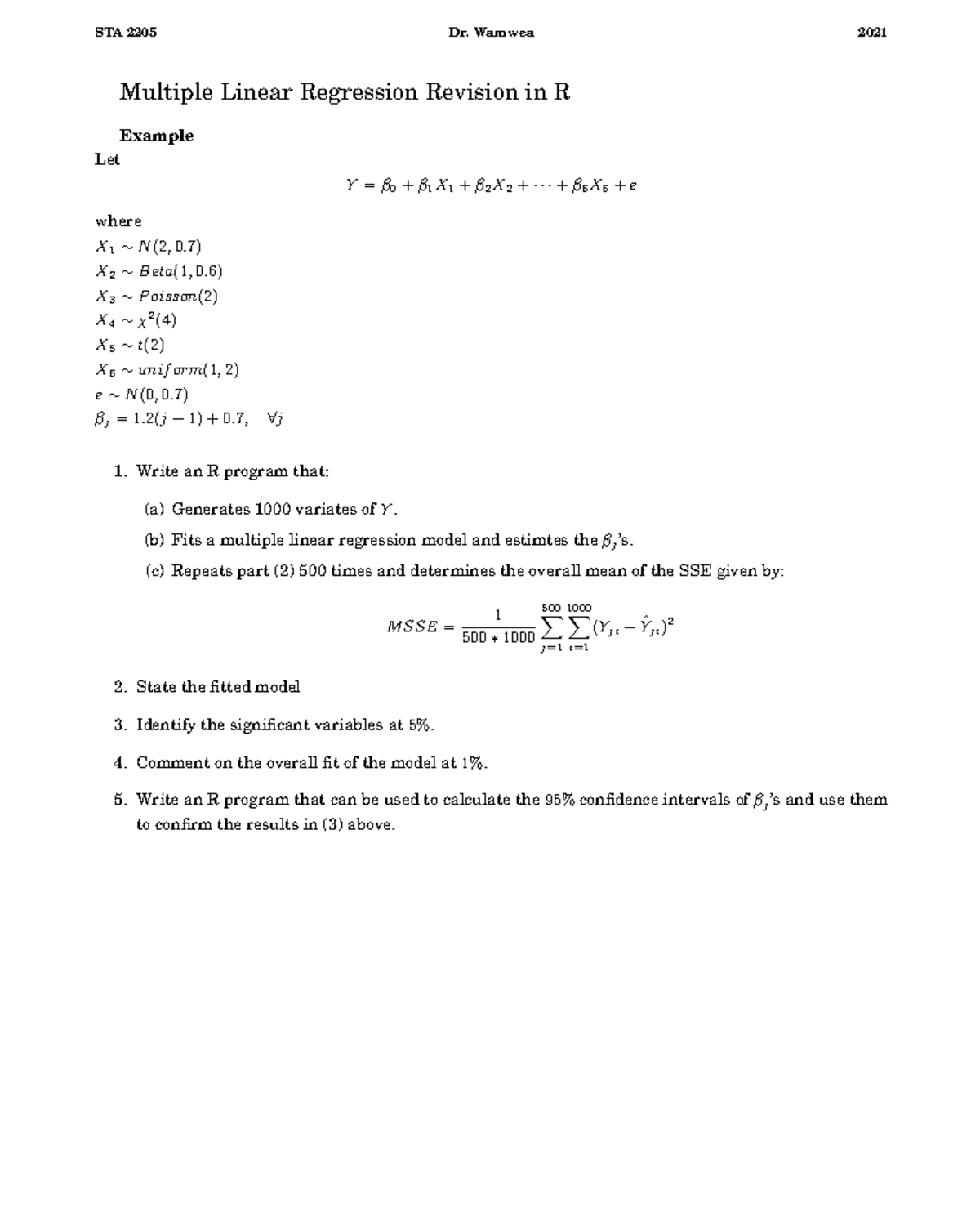 Multiple Linear Regression Revision in R - Course Notes - Studocu