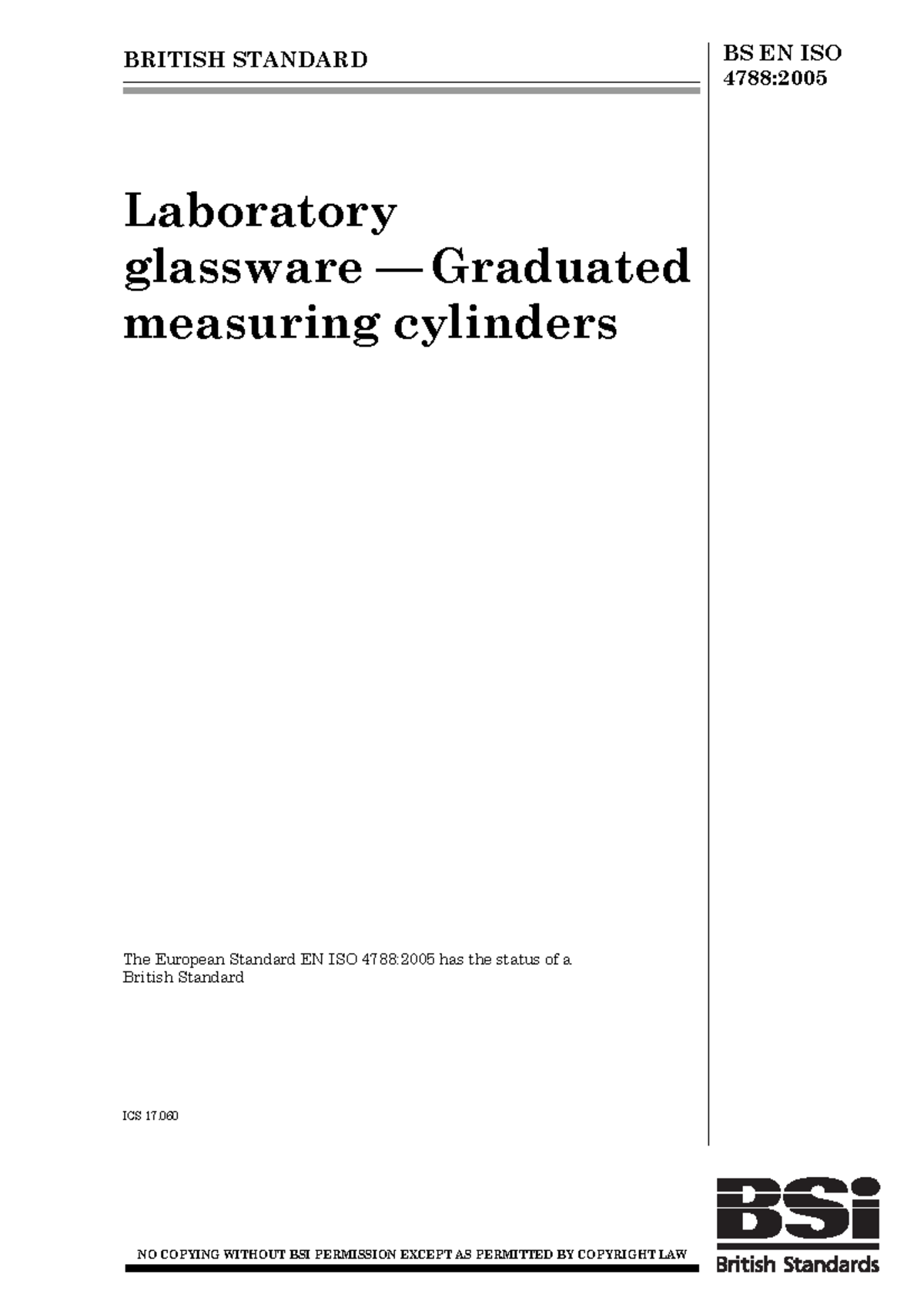 BS EN ISO 4788:2005 Standards for Graduated Measuring Cylinders - Studocu