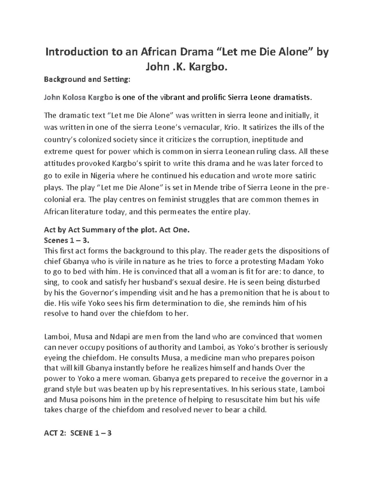 893 Introduction to African Drama: Analysis of "Let Me Die Alone" - Studocu