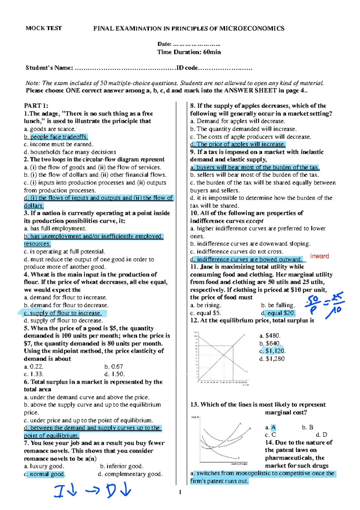 MOCK TEST FINAL EXAMINATION IN PRINCIPLES OF MICROECONOMICS - Studocu