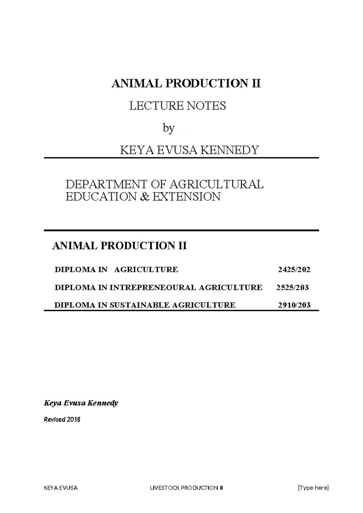 Animal Production II Lecture Notes - Diploma in Agriculture - Studocu