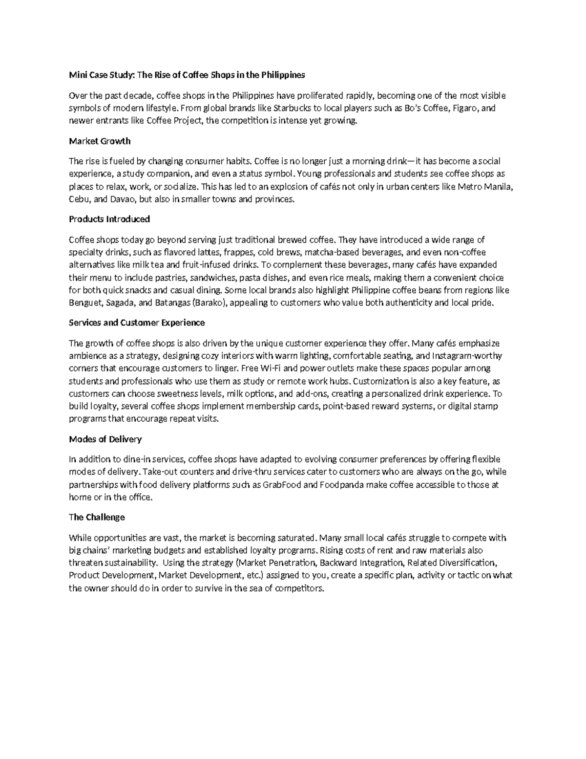 Strategic Management Mini Case Study: Coffee Shop Growth in the ...