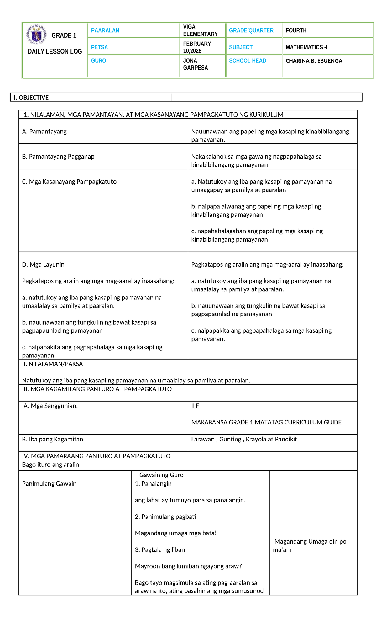 GRADE 1 DAILY LESSON LOG: MATHEMATICS - FEBRUARY 10, 2026 - Studocu