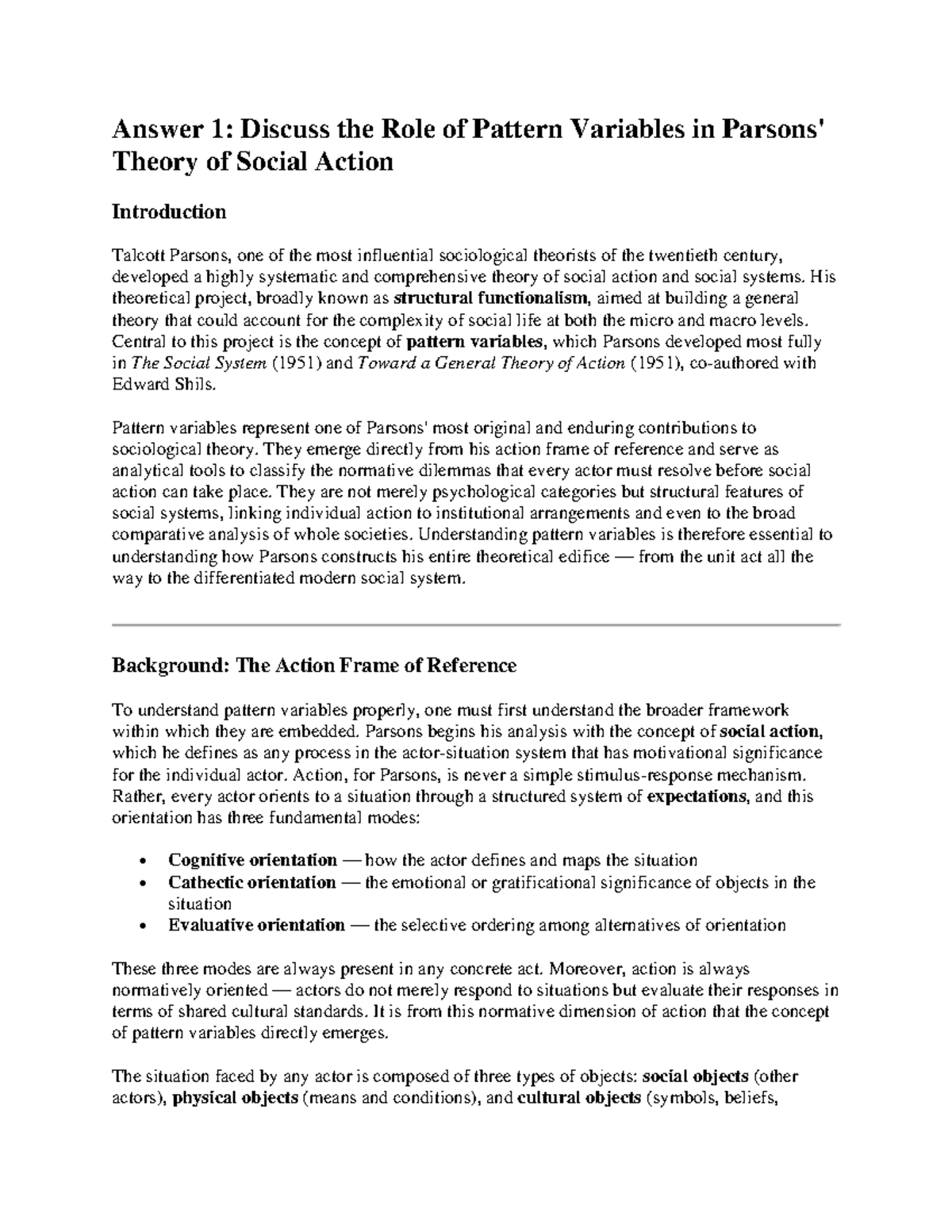 Pattern Variables in Parsons' Theory of Social Action: An Analysis ...