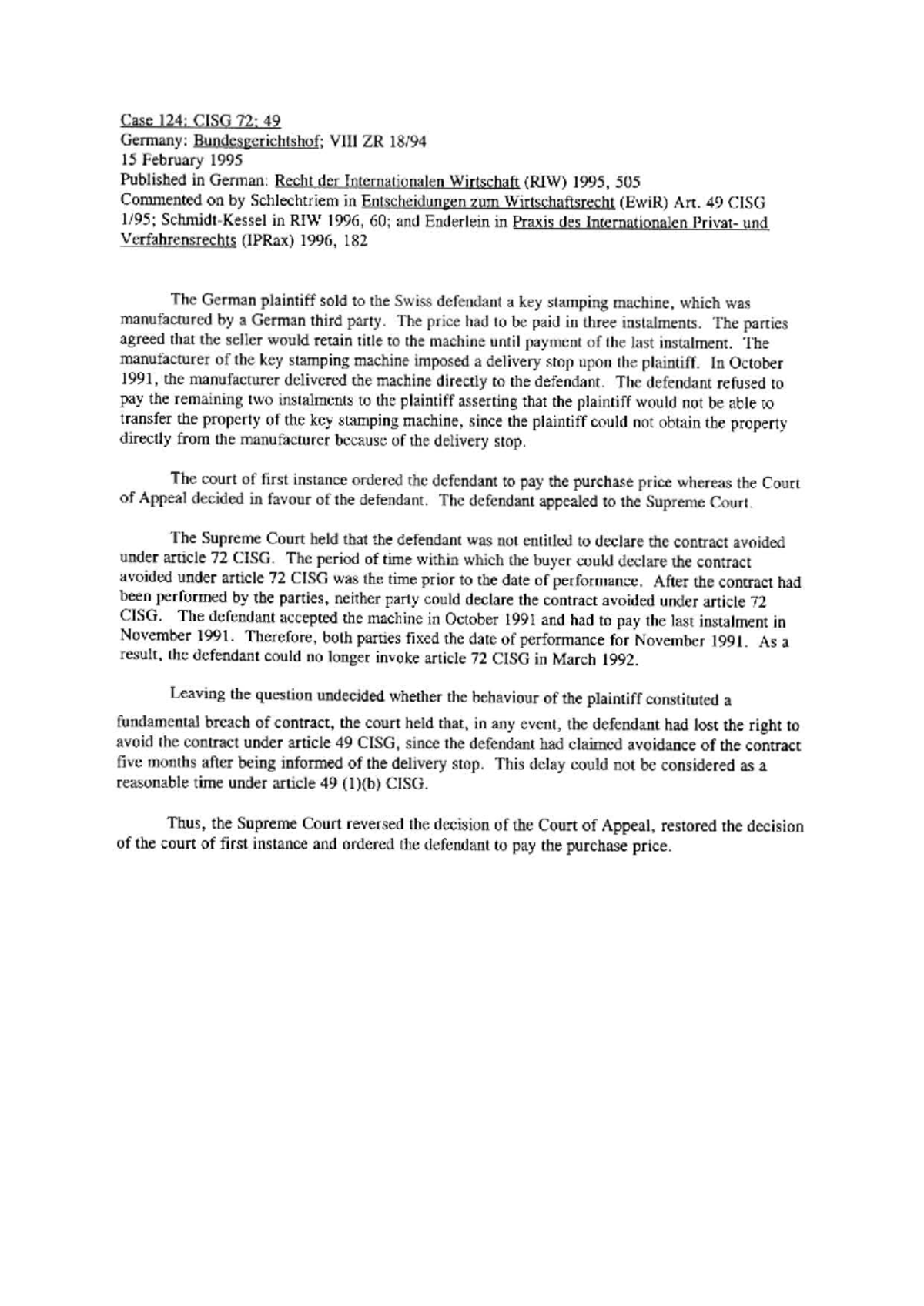 CISG Case Study 124: Supreme Court Ruling on Article 49 - Studocu