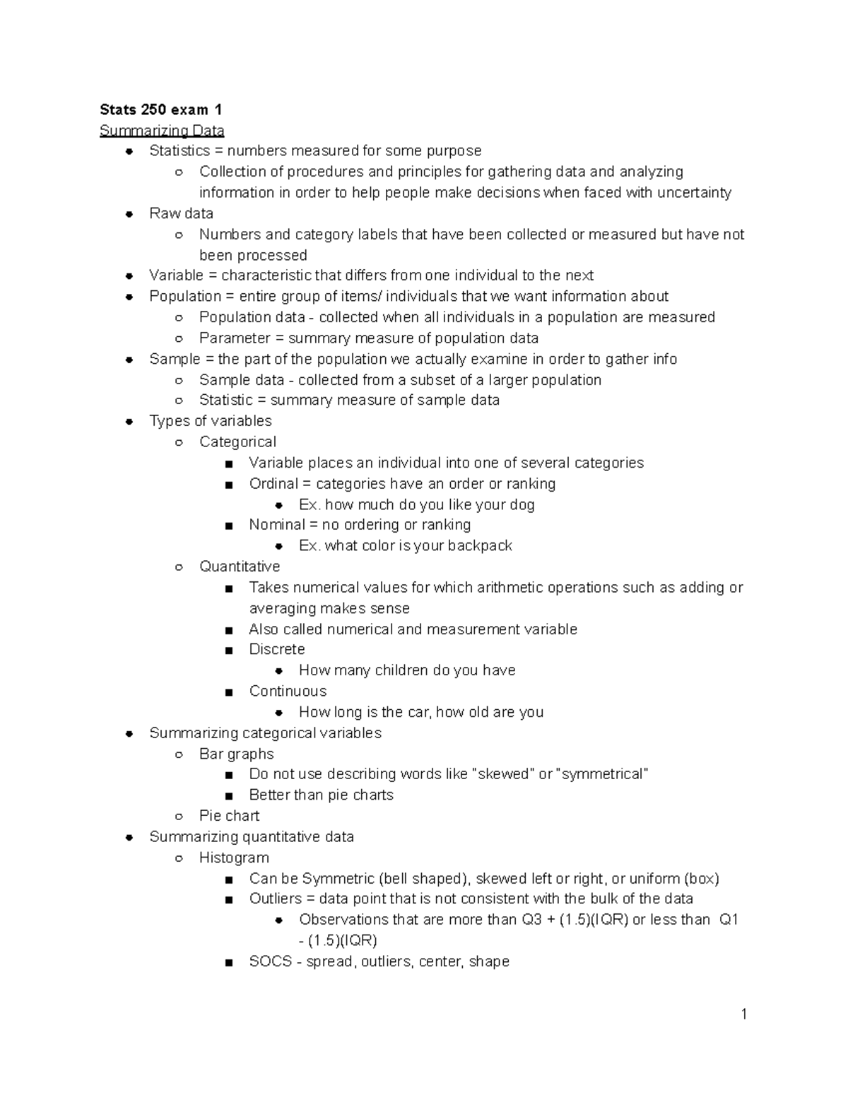 Stats 250 exam 1 - exam 1 study guide - Stats 250 exam 1 Summarizing ...