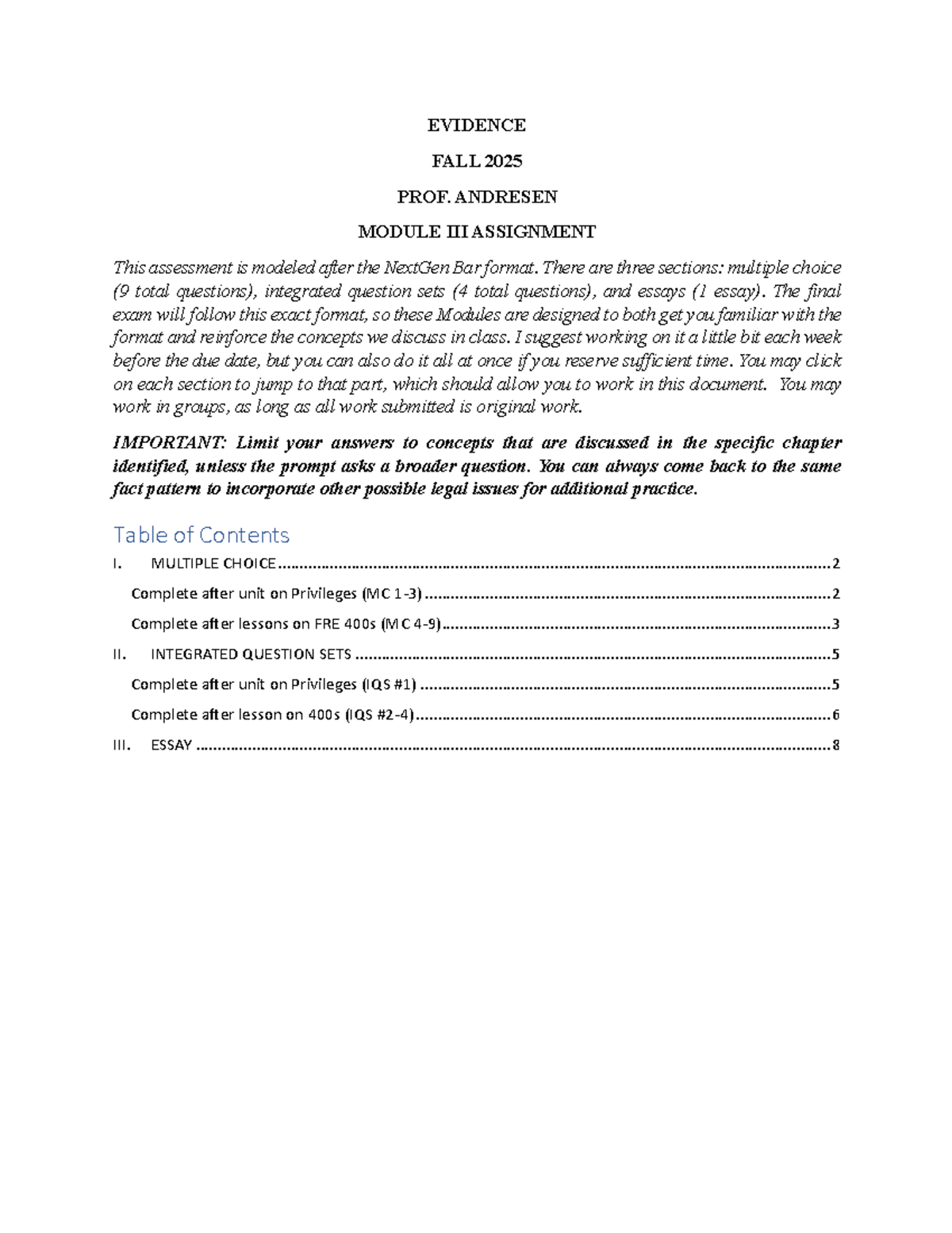 EVIDENCE FALL 2025 MODULE III ASSIGNMENT - PROF. ANDRESEN - Studocu