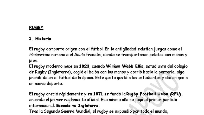 RUG 1. Resumen del Rugby: Historia, Reglas y Jugadas Clave - Studocu