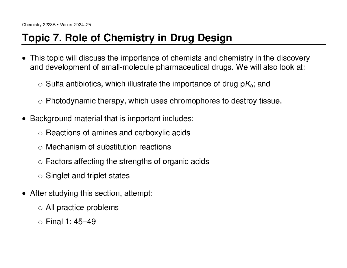 Chemistry Winter Topic 7: Role of Chemistry in Drug Design and ...