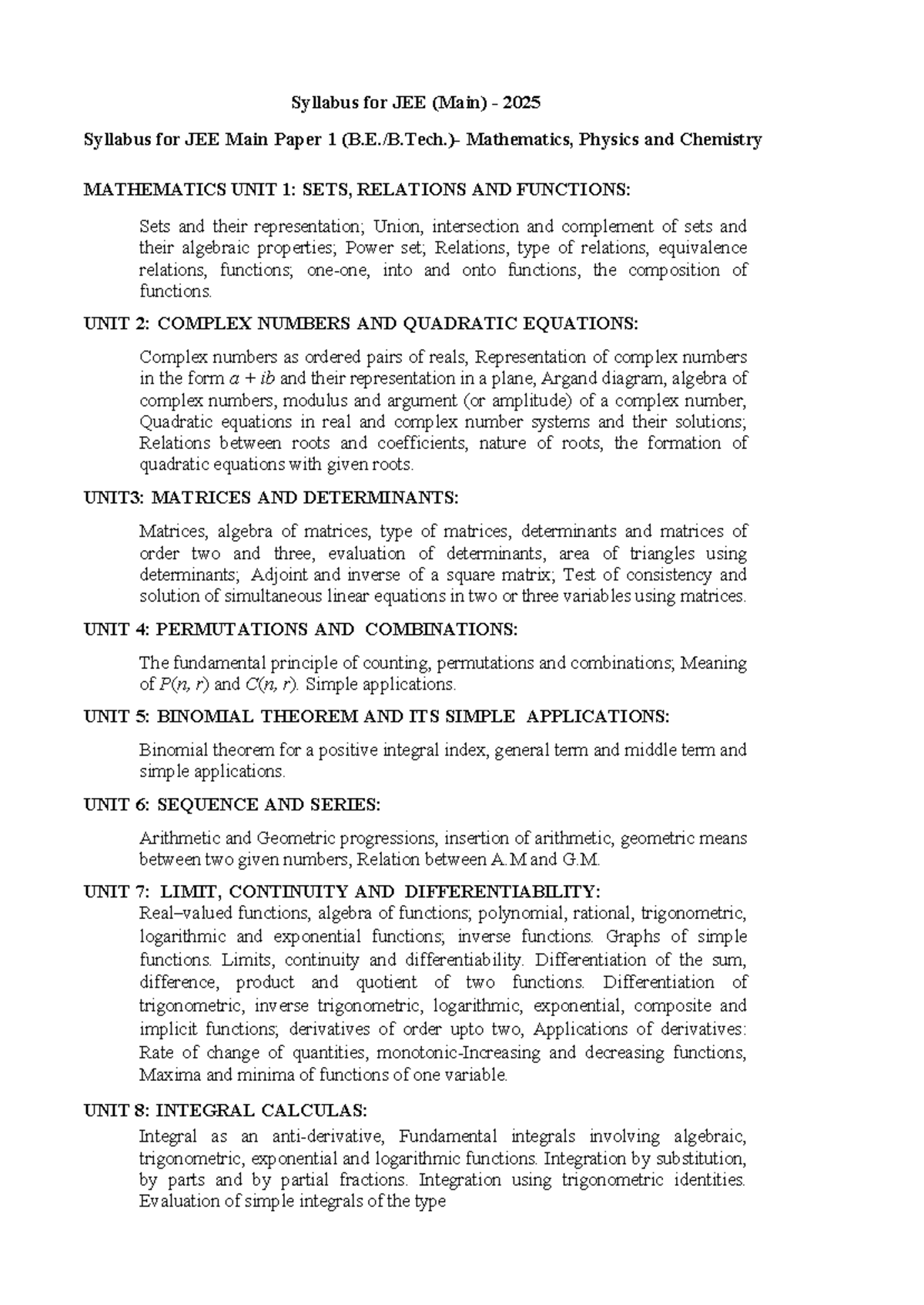 JEE (Main) 2025 Comprehensive Syllabus Overview for Physics, Chemistry ...