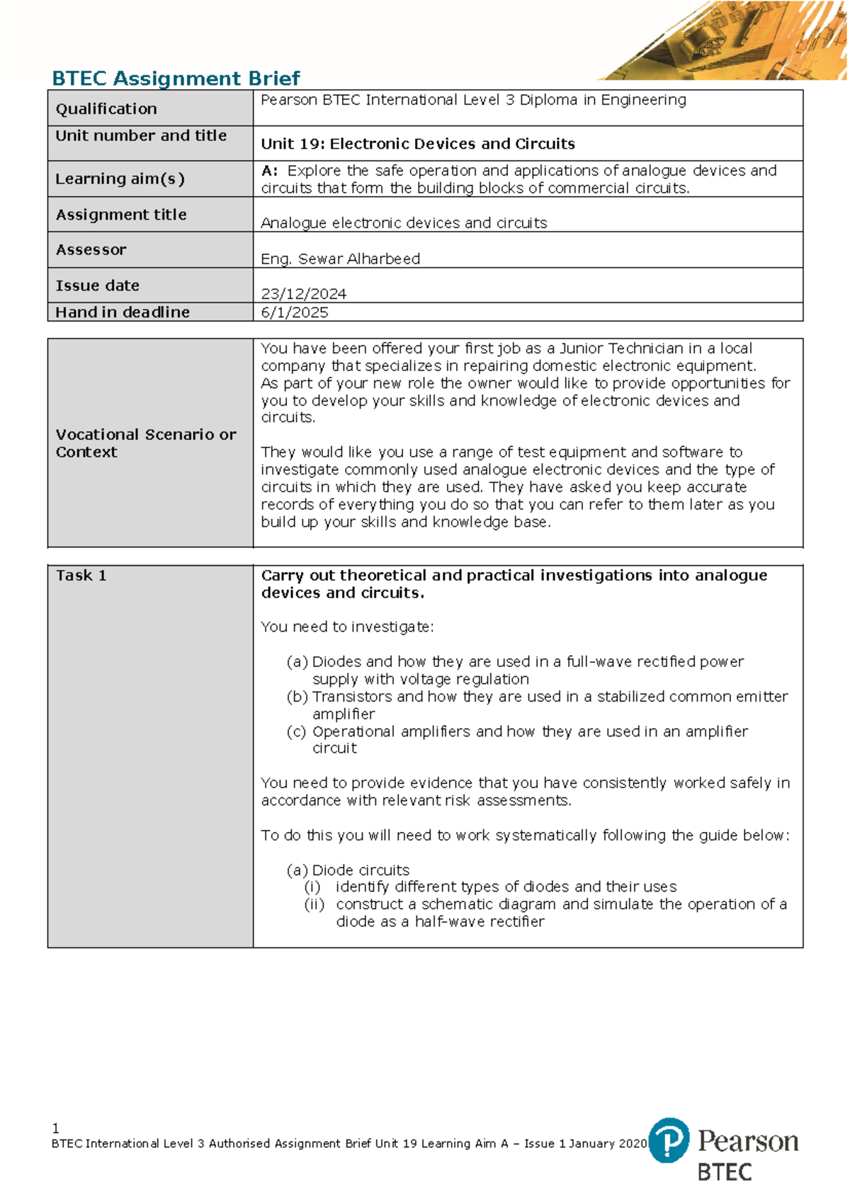 Ass.1-Unit 19 - electronic - BTEC Assignment Brief Qualification ...