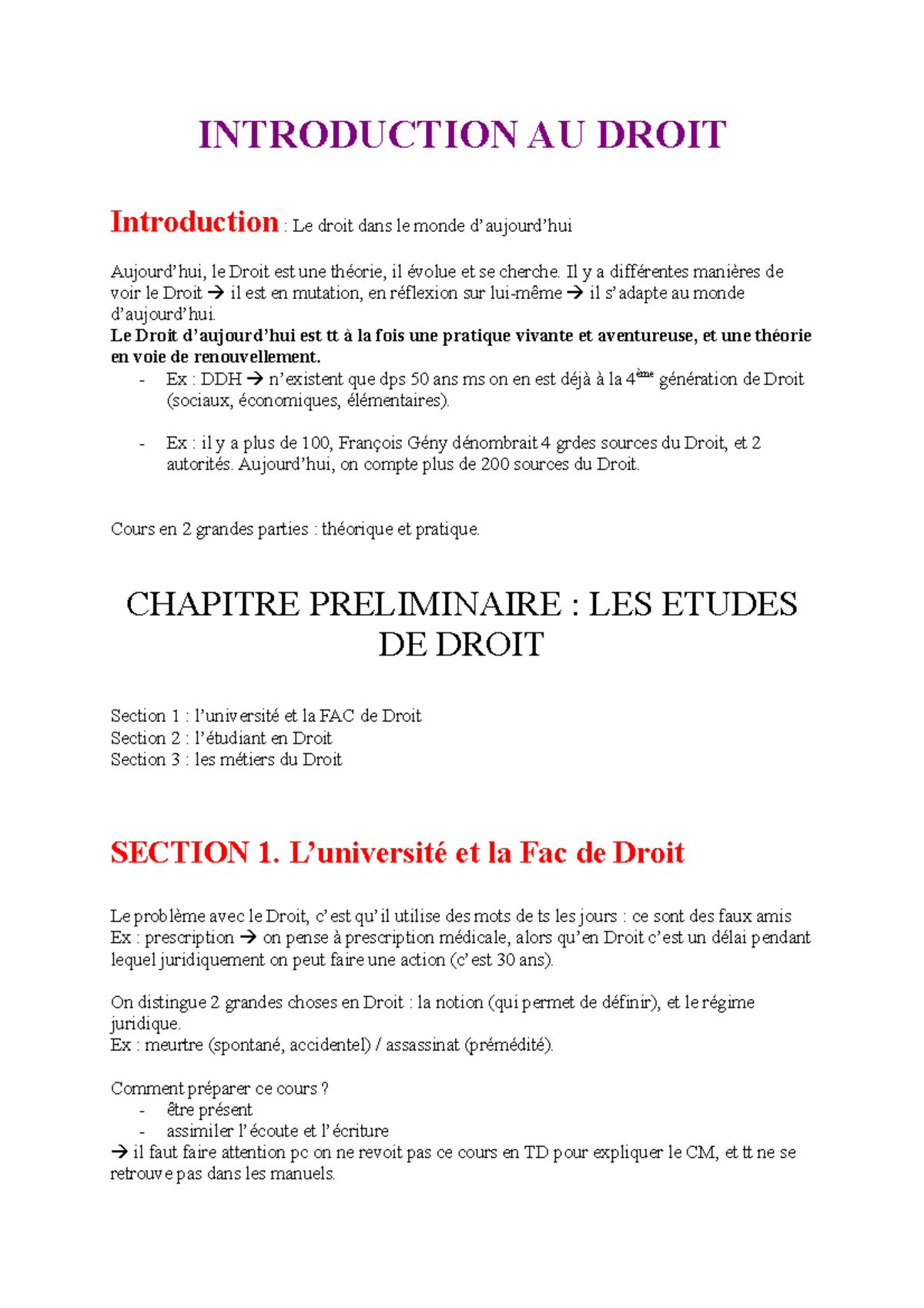 Introduction AU Droit - Notes de cours 1 - INTRODUCTION AU DROIT - Studocu