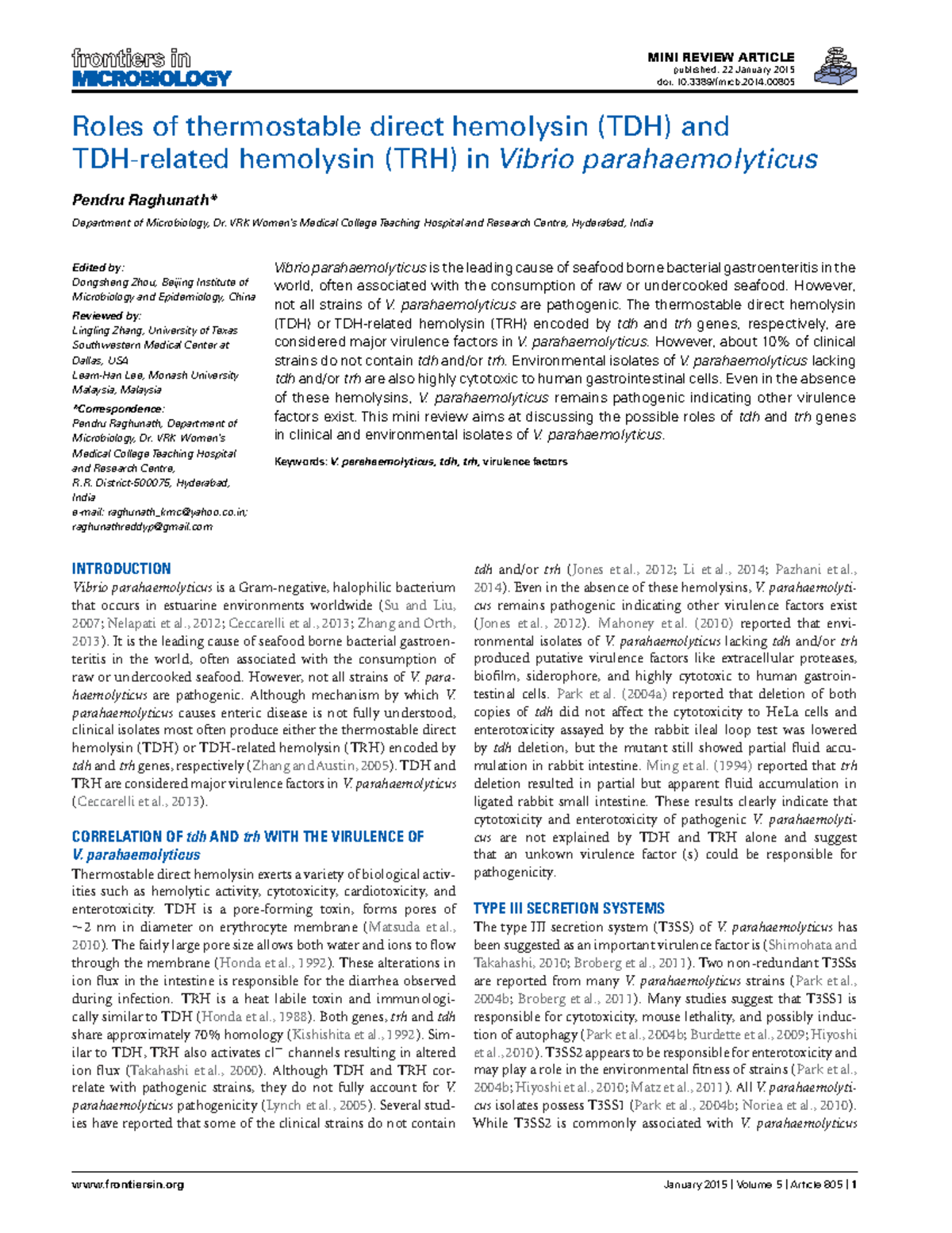 Roles of TDH and TRH in Vibrio parahaemolyticus: A Mini Review - Studocu