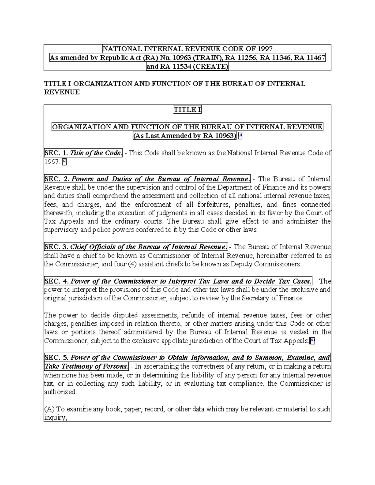 National Internal Revenue CODE OF 1997 - NATIONAL INTERNAL REVENUE CODE ...