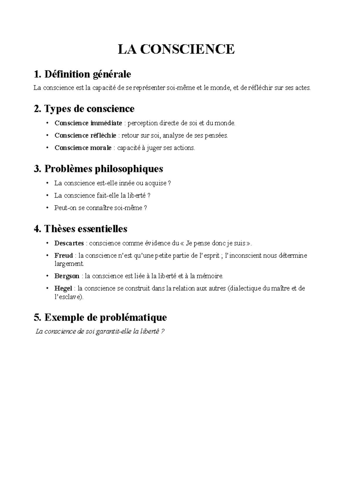 Fiche de Révision : LA CONSCIENCE - Concepts et Thèses Essentielles ...