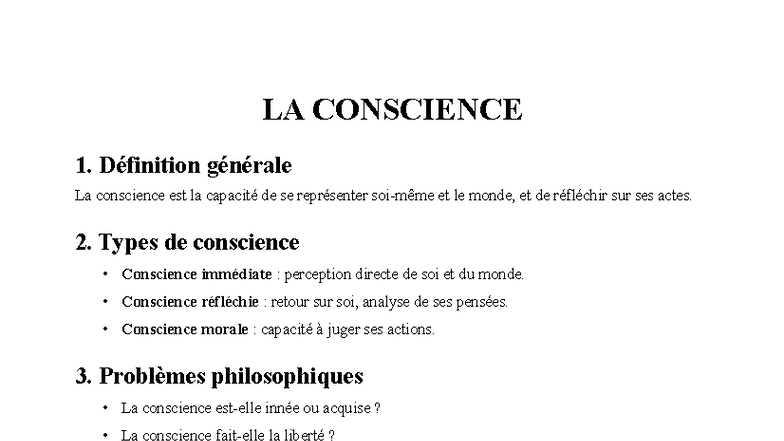 Fiche de Révision : LA CONSCIENCE - Concepts et Thèses Essentielles ...