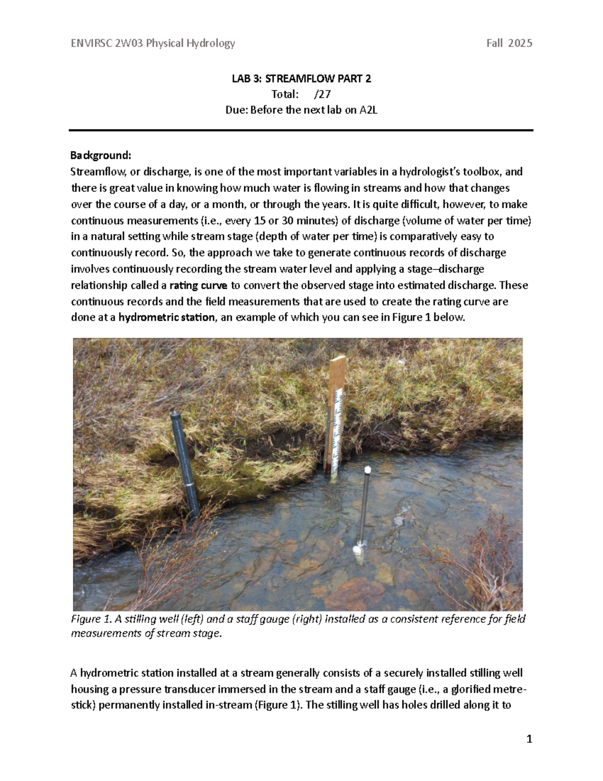 ENVIROSC 2W03 Lab 3: Streamflow Analysis & Rating Curve Development ...