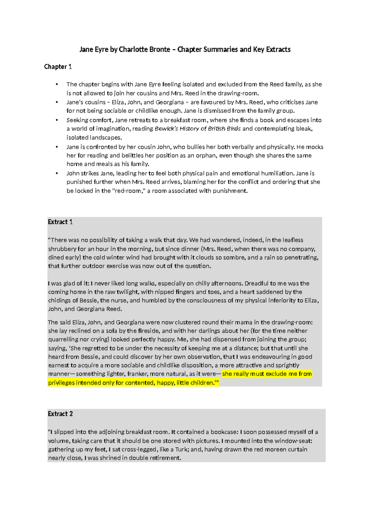 Jane Eyre (ENG 101) Chapter Summaries & Key Extracts Analysis - Studocu