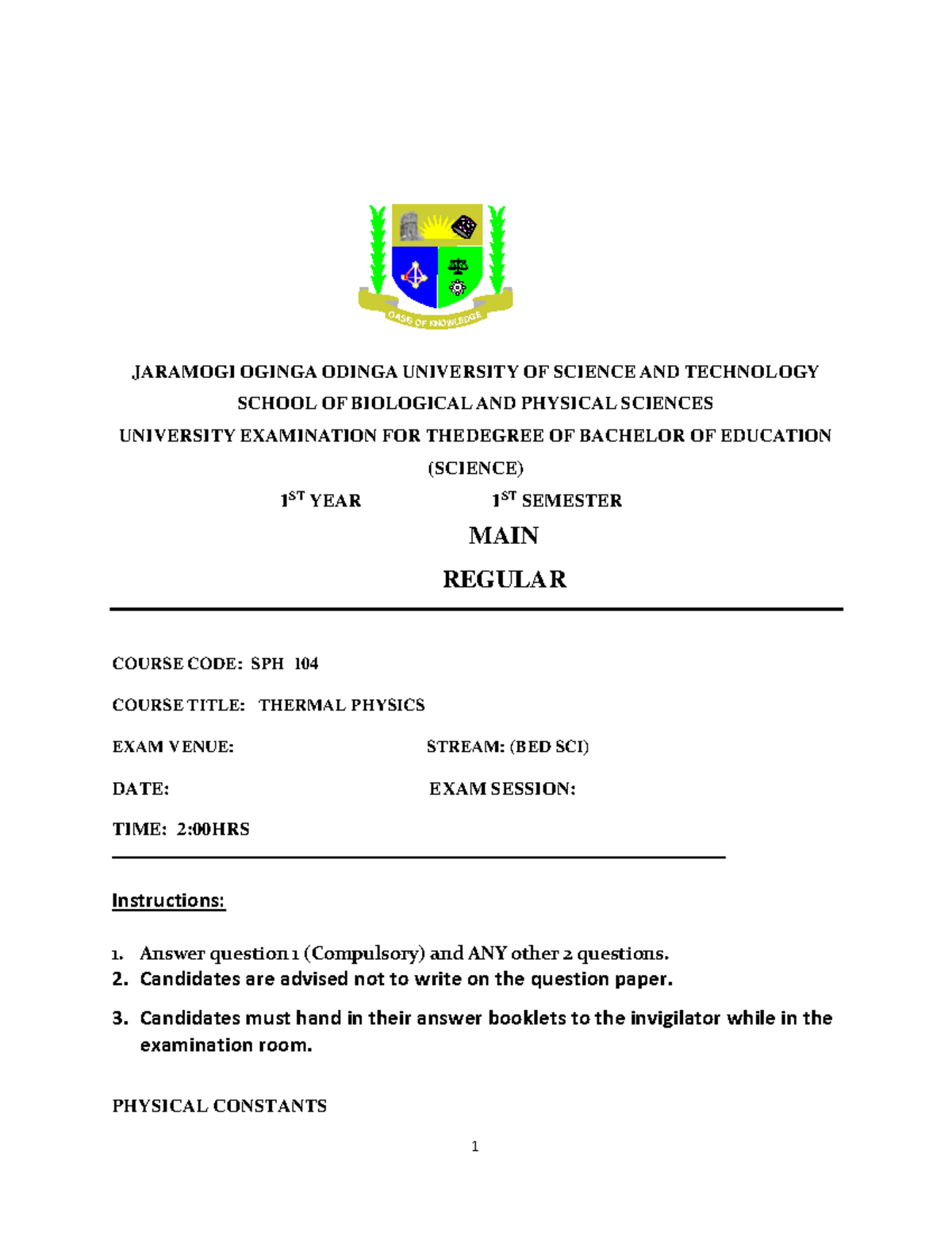 SPH 104: Midterm Exam on Thermal Physics - Year 1 Semester 1 - Studocu