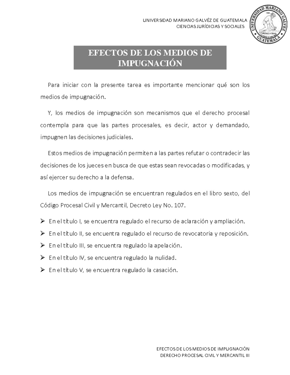 Tarea I: Efectos de los Medios de Impugnación en Derecho Procesal - Document Preview