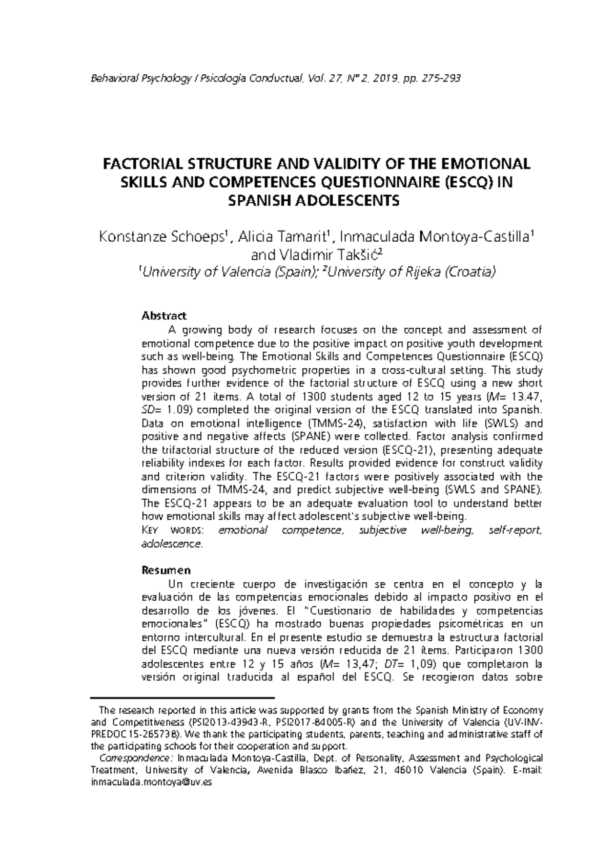 Factorial Structure and Validity of the ESCQ in Spanish Adolescents ...