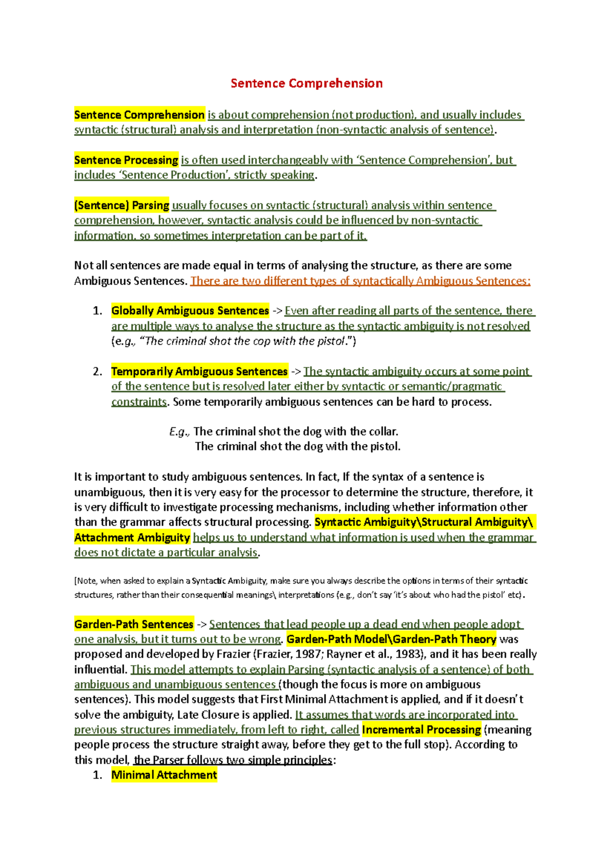Psychology of Language - Lecture 4 - Sentence Comprehension - Sentence ...