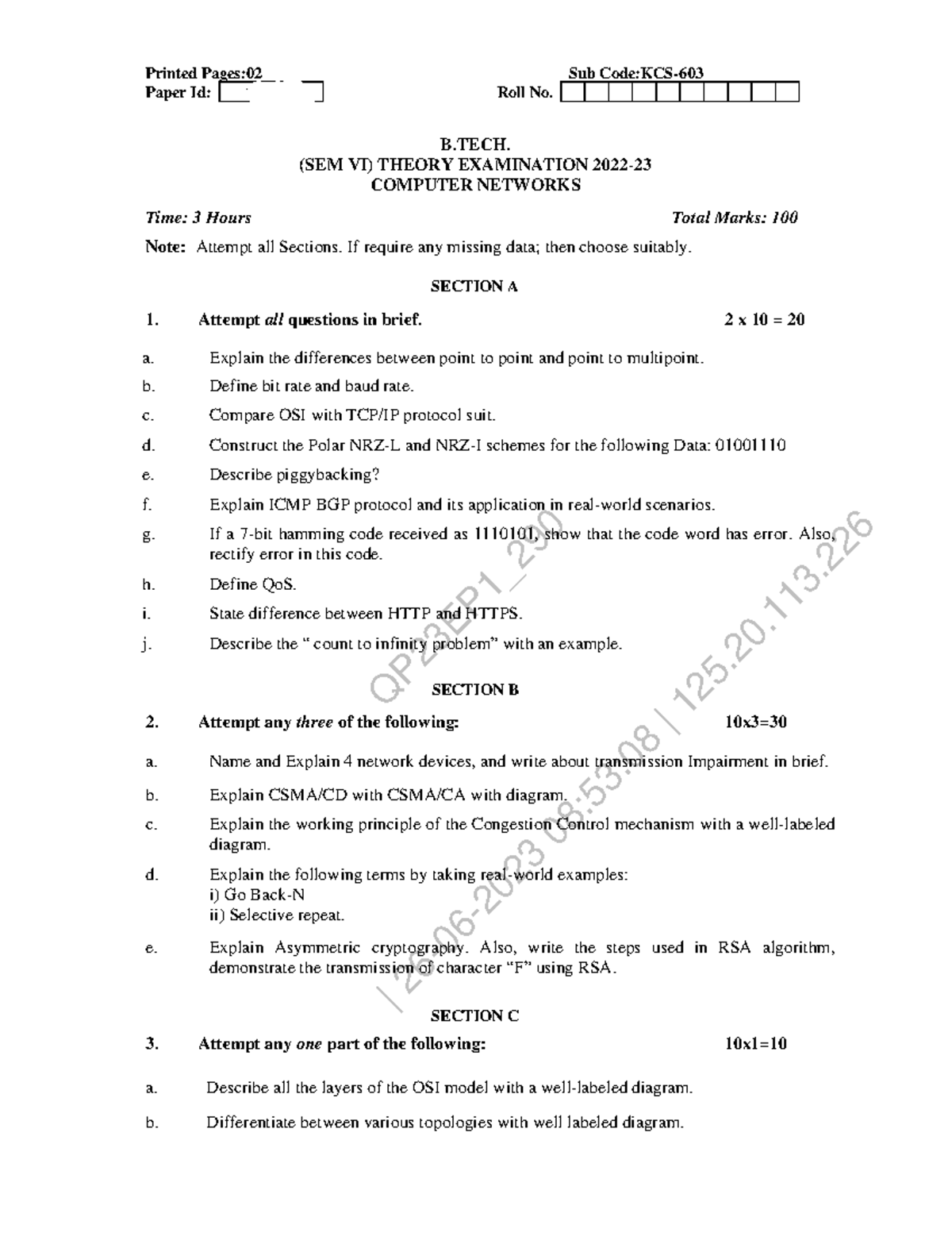 CN 2022-23 - B.TECH. SEM VI Computer Networks Theory Exam Notes - Studocu