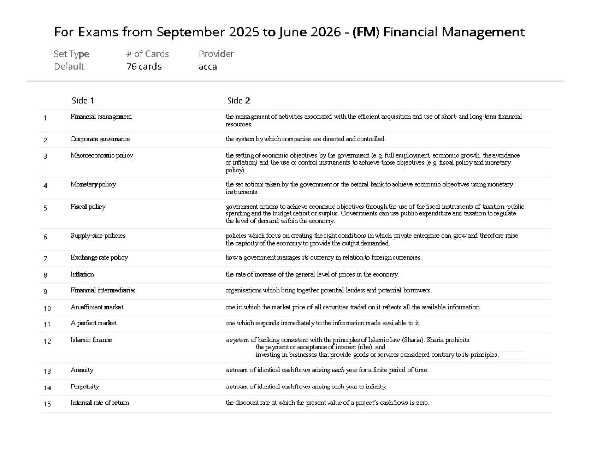 FM Financial Management Exam Study Cards (Sept 2025 - June 2026) - Studocu