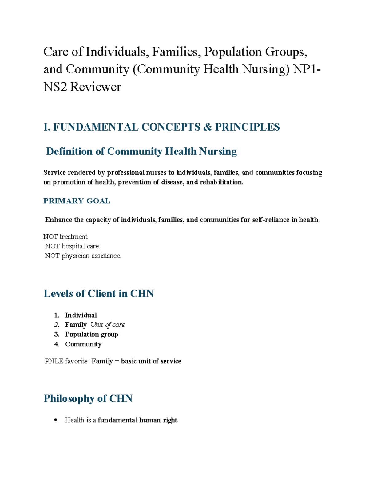 NP1NS2 Community Health Nursing: Key Concepts and Principles Reviewer ...