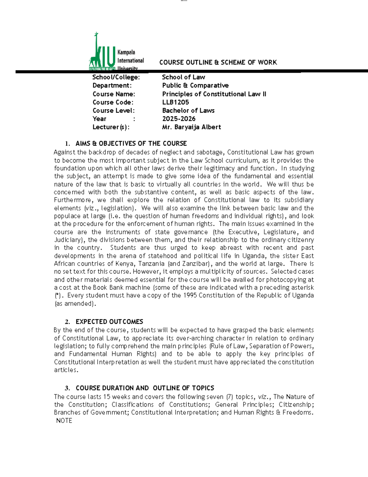 Constitutional Law II Course Outline LLB1205 - Mr. Baryaija Albert 2025 ...