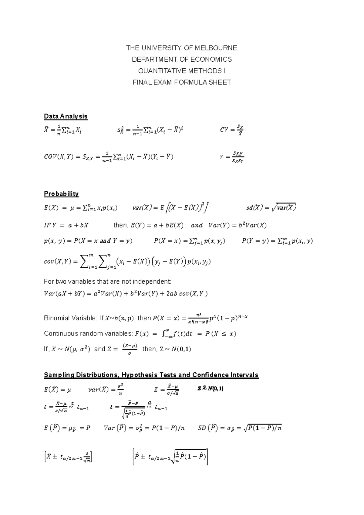 University of Melbourne QM1 Quantitative Methods I Final Exam Formula ...