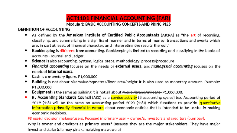 ACT1101 FINANCIAL ACCOUNTING (FAR) Module 1: Basic Concepts ...