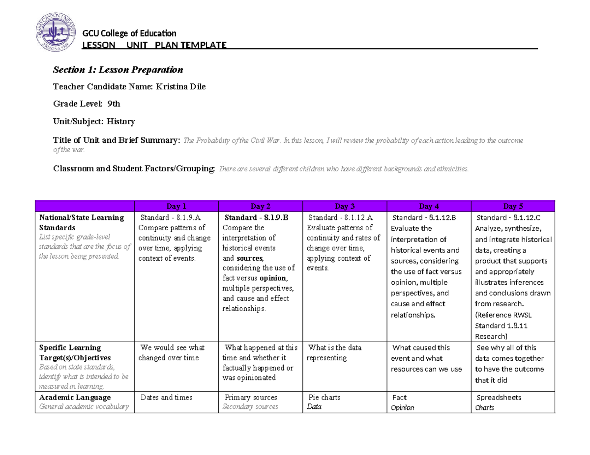 GCU College of Education 5-Day Lesson Unit Plan: The Probability of the ...