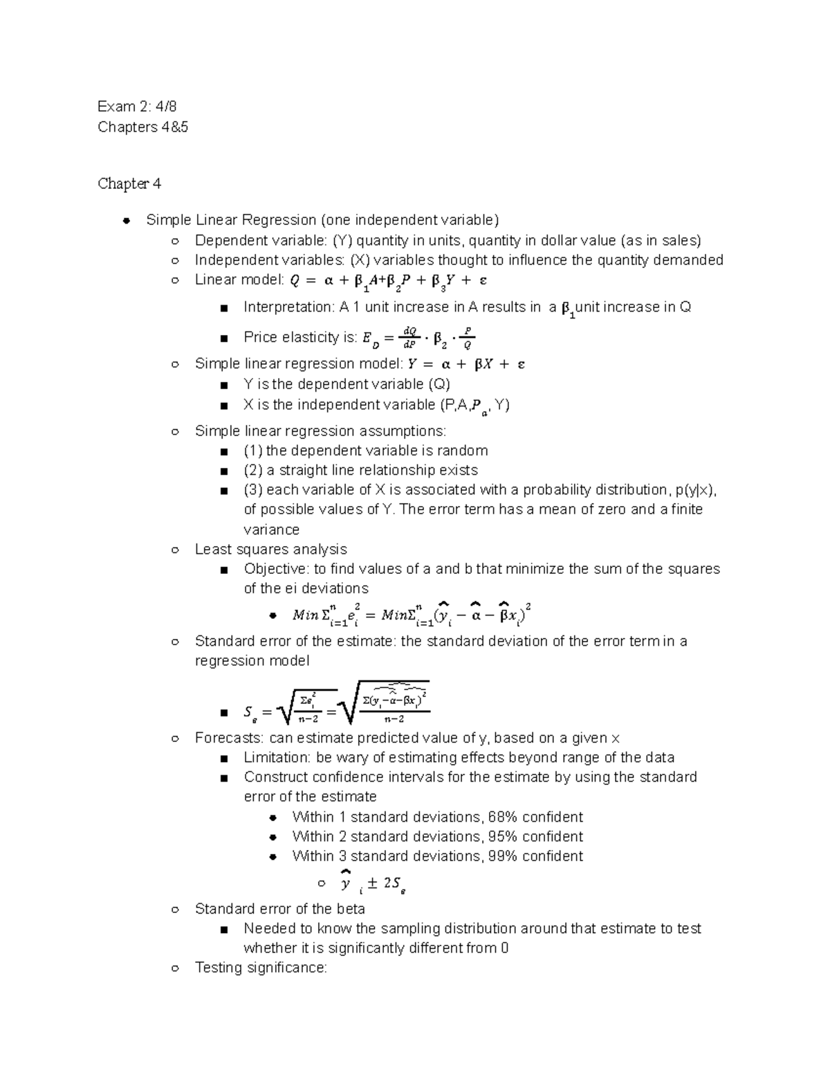 Exam 2 Study Guide - Exam 2: 4/ Chapters 4& Chapter 4 Simple Linear ...