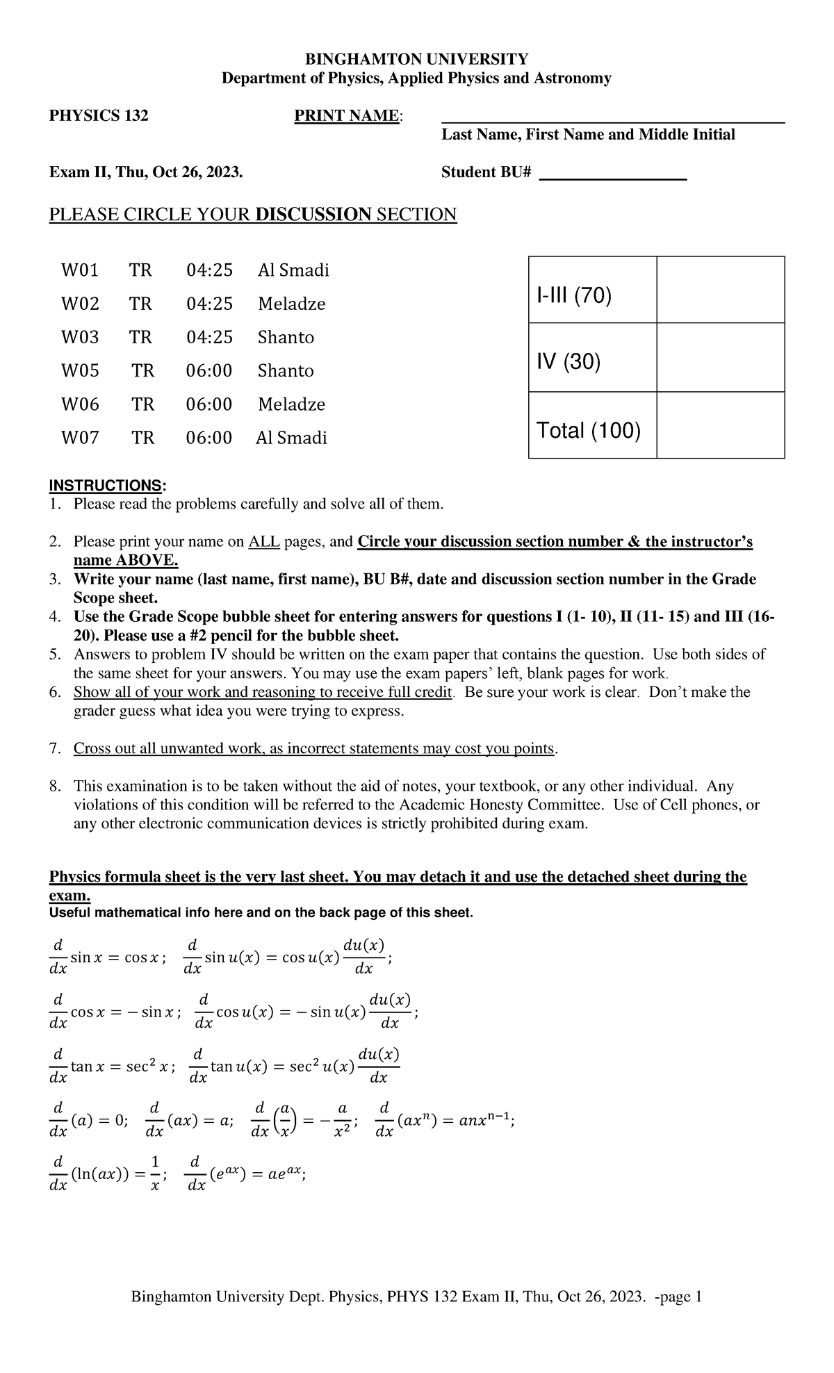 Binghamton University PHYS 132 Exam II Answer Key & Solutions Fall 2023 ...