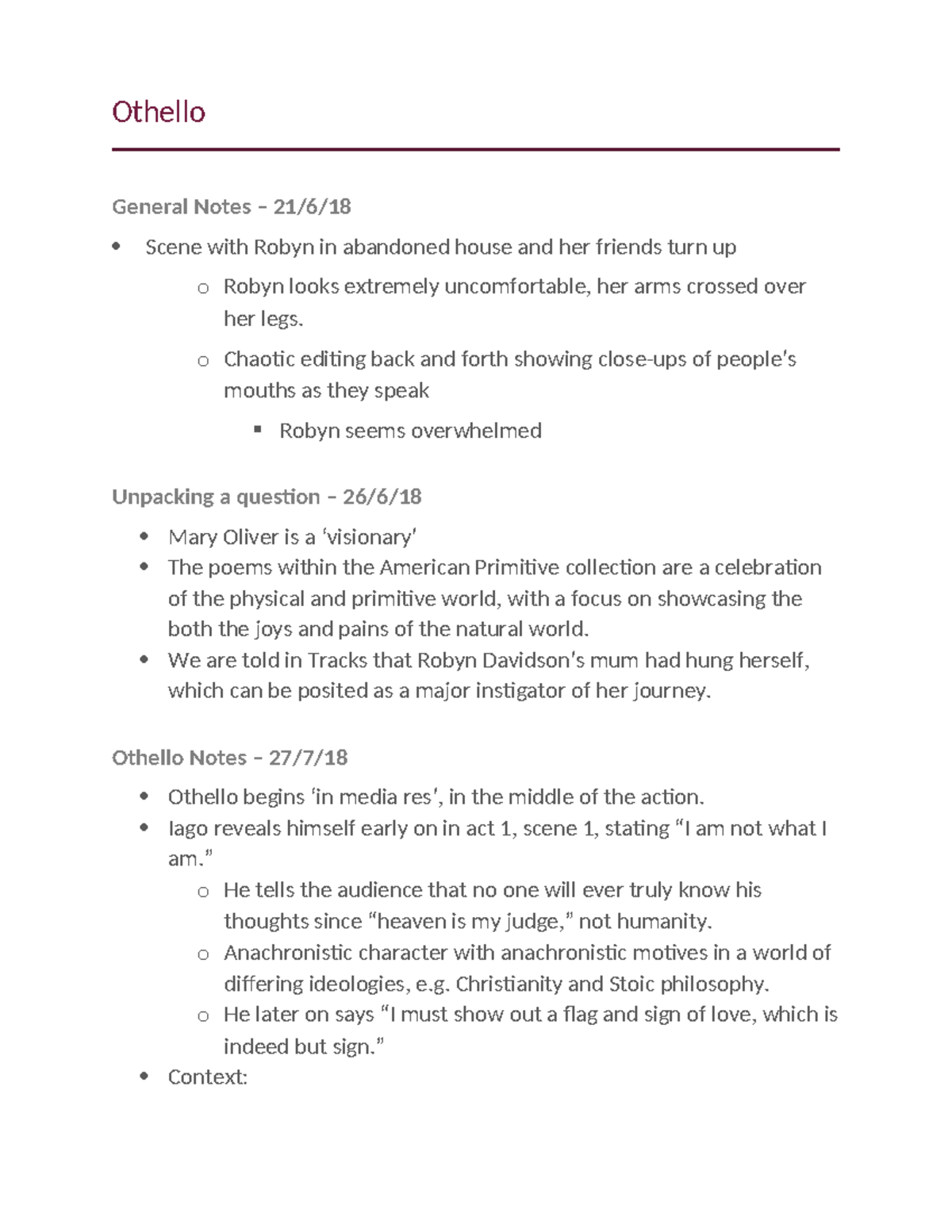 Othello (ENG101) Analysis Notes: Key Themes & Character Insights - Studocu