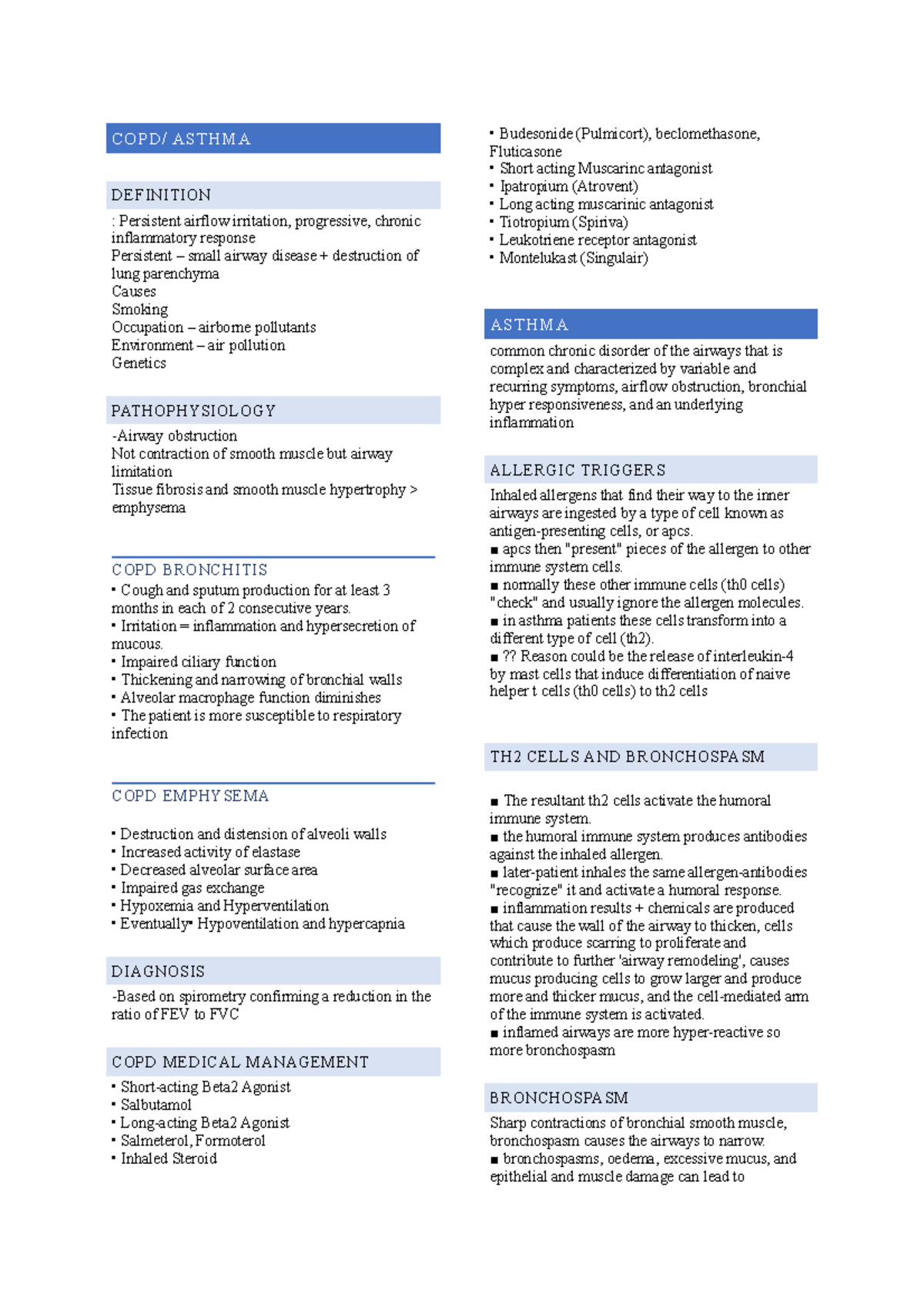 COPD and Asthma Respiratory Management Notes (MED 101) - Studocu