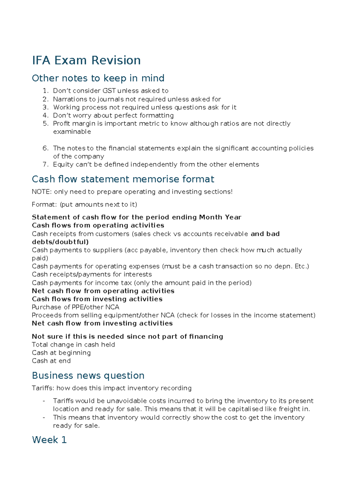 IFA Exam Revision Notes: Key Concepts and Cash Flow Insights - Studocu