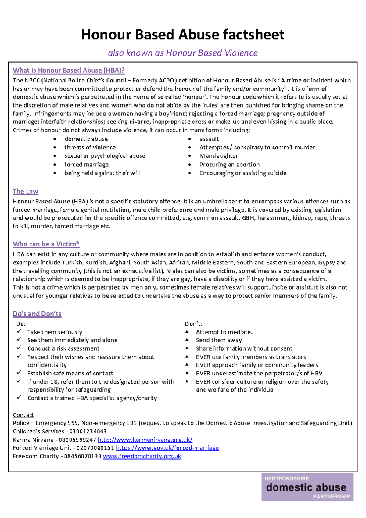 Honour based abuse factsheet - Honour Based Abuse factsheet also known ...