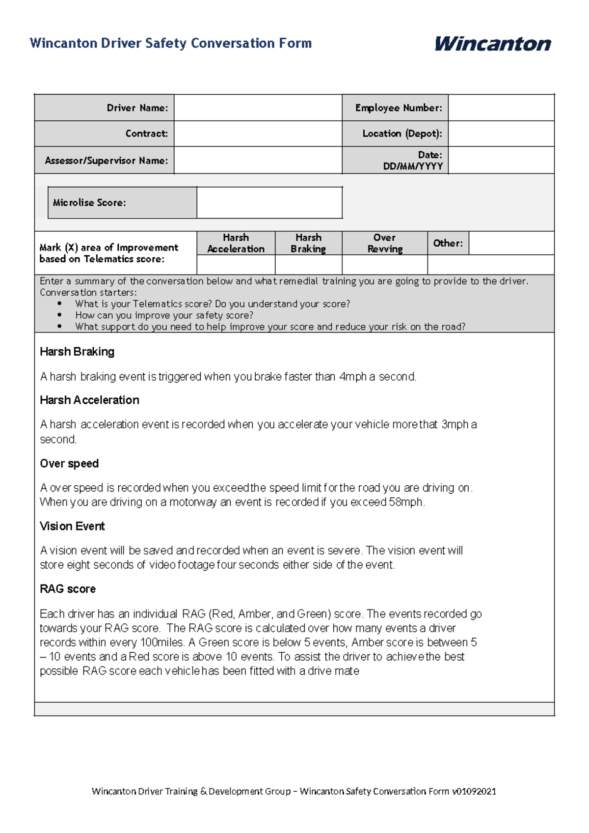 Winc. Driver Safety Conversation Form & Training Summary - Studocu