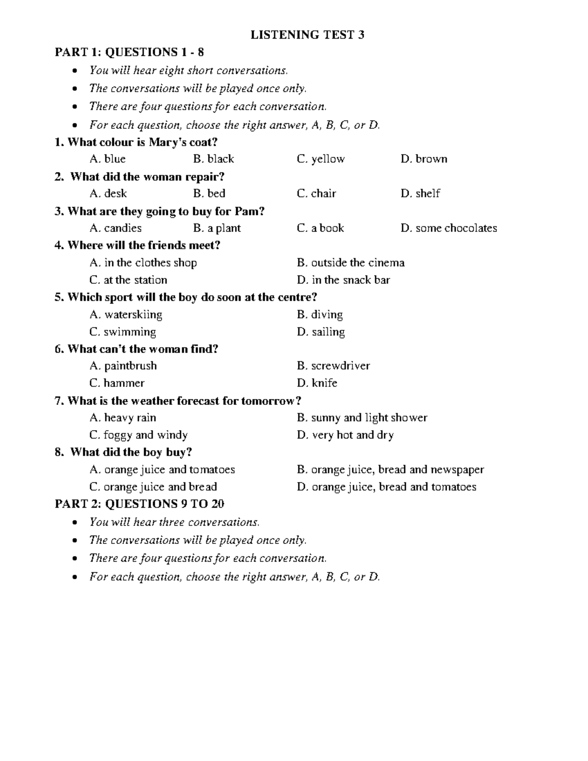 Listening Test 3: Questions 1-33 Overview and Answers - Studocu