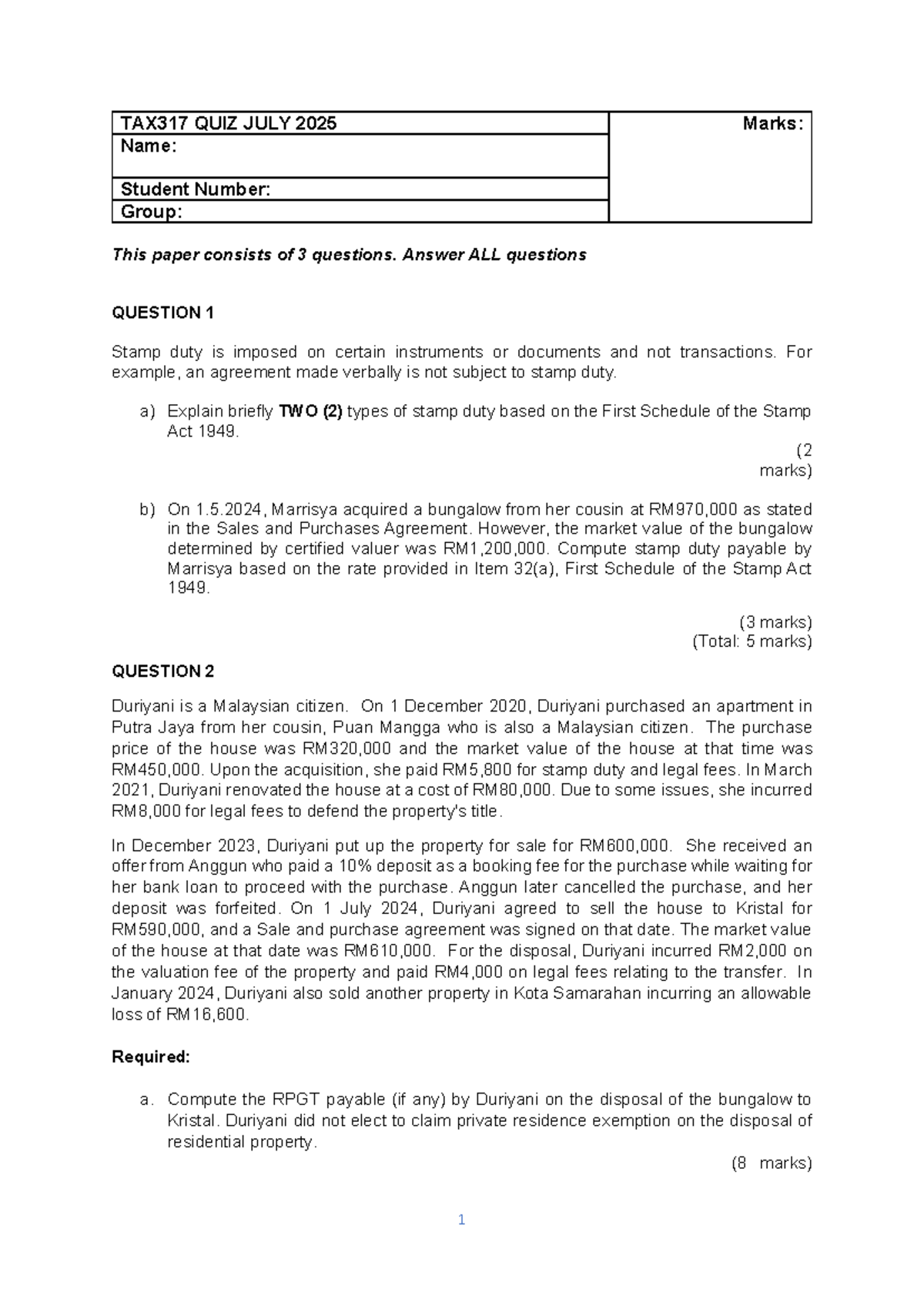 TAX317 QUIZ JULY 2025: Stamp Duty & RPGT Calculations - Studocu