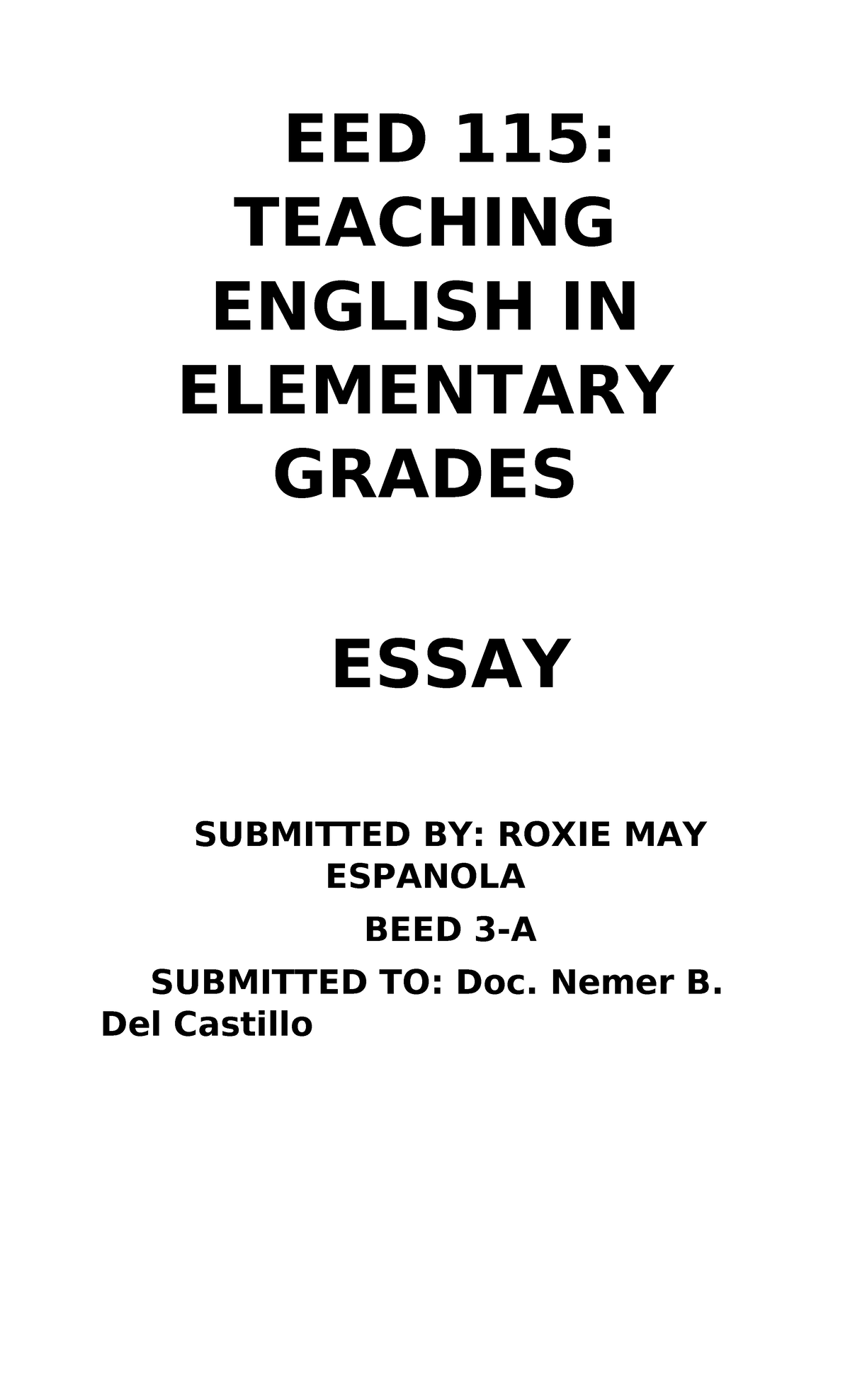 EED 115 - Essay on Teaching English in Elementary Grades - Studocu