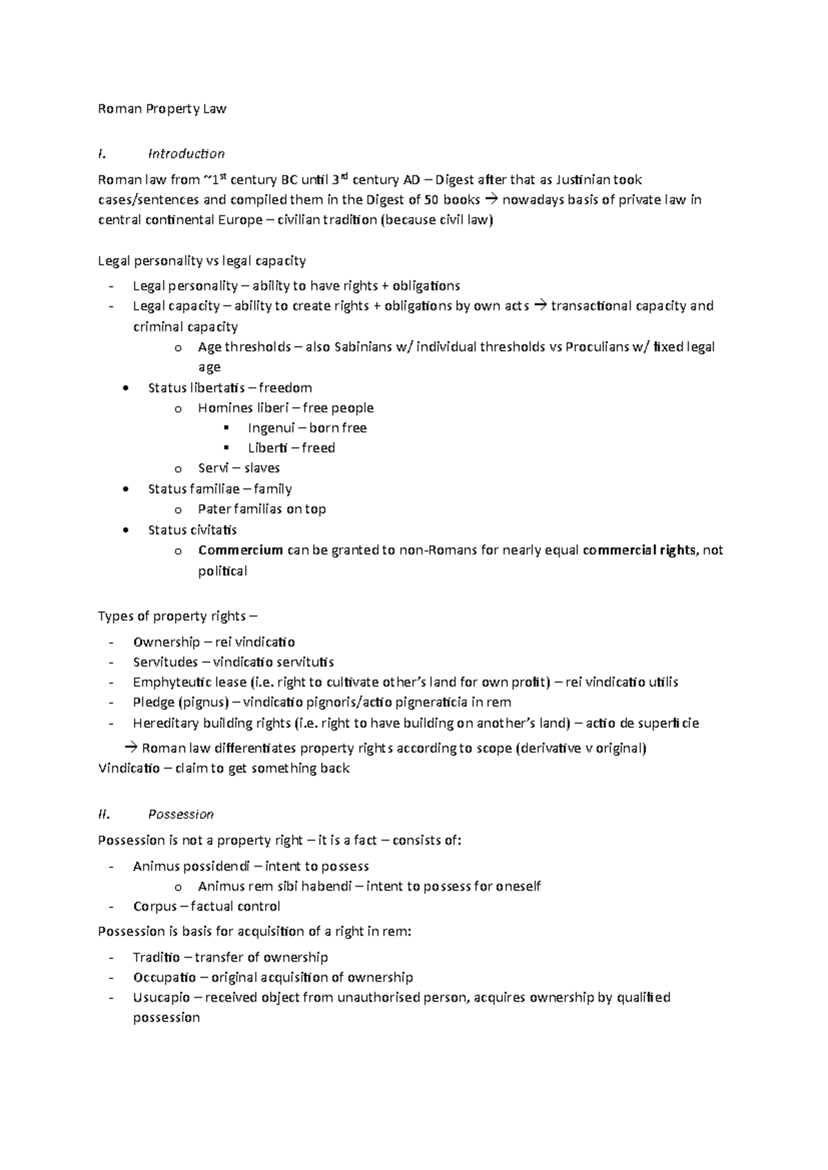 Roman Property Law I: Key Concepts and Principles Summary - Studocu