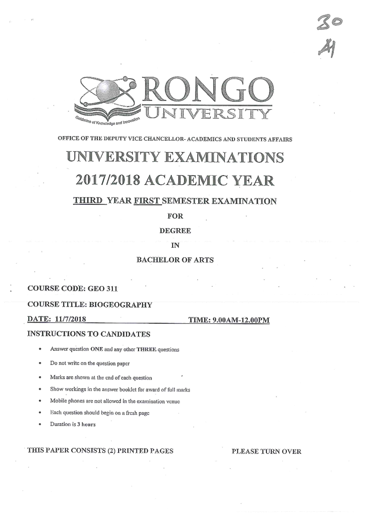 GEO314 Biogeography Exam Paper - Past Year Questions & Answers - Studocu