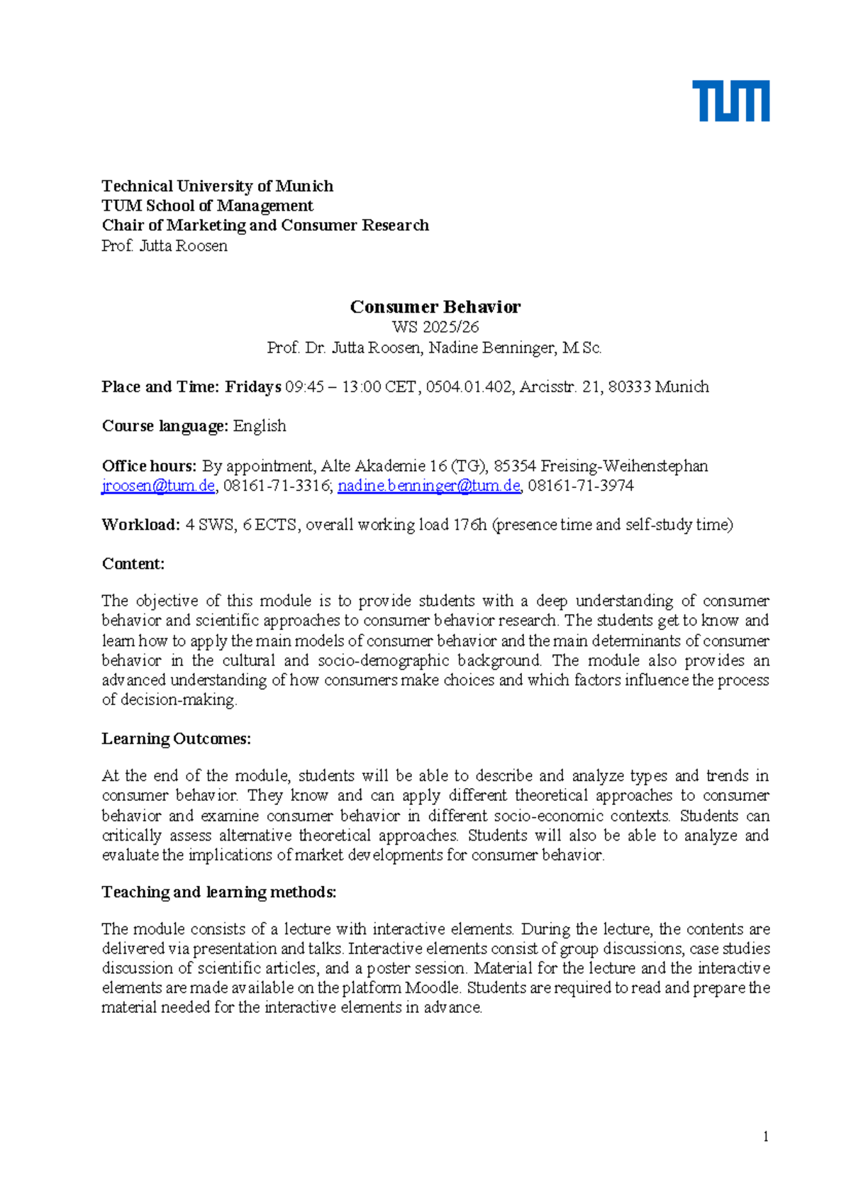 Consumer Behavior Syllabus TUM - WS 2023/2024 - Studocu