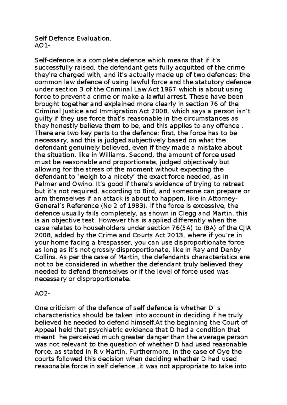 Self Defence Evaluation: Key Legal Principles and Case Analysis - Studocu