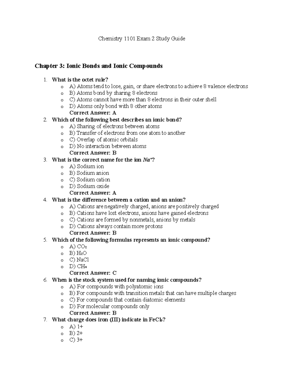Chemistry 1101 Exam 2 Study Guide: Ionic & Covalent Bonds - Studocu