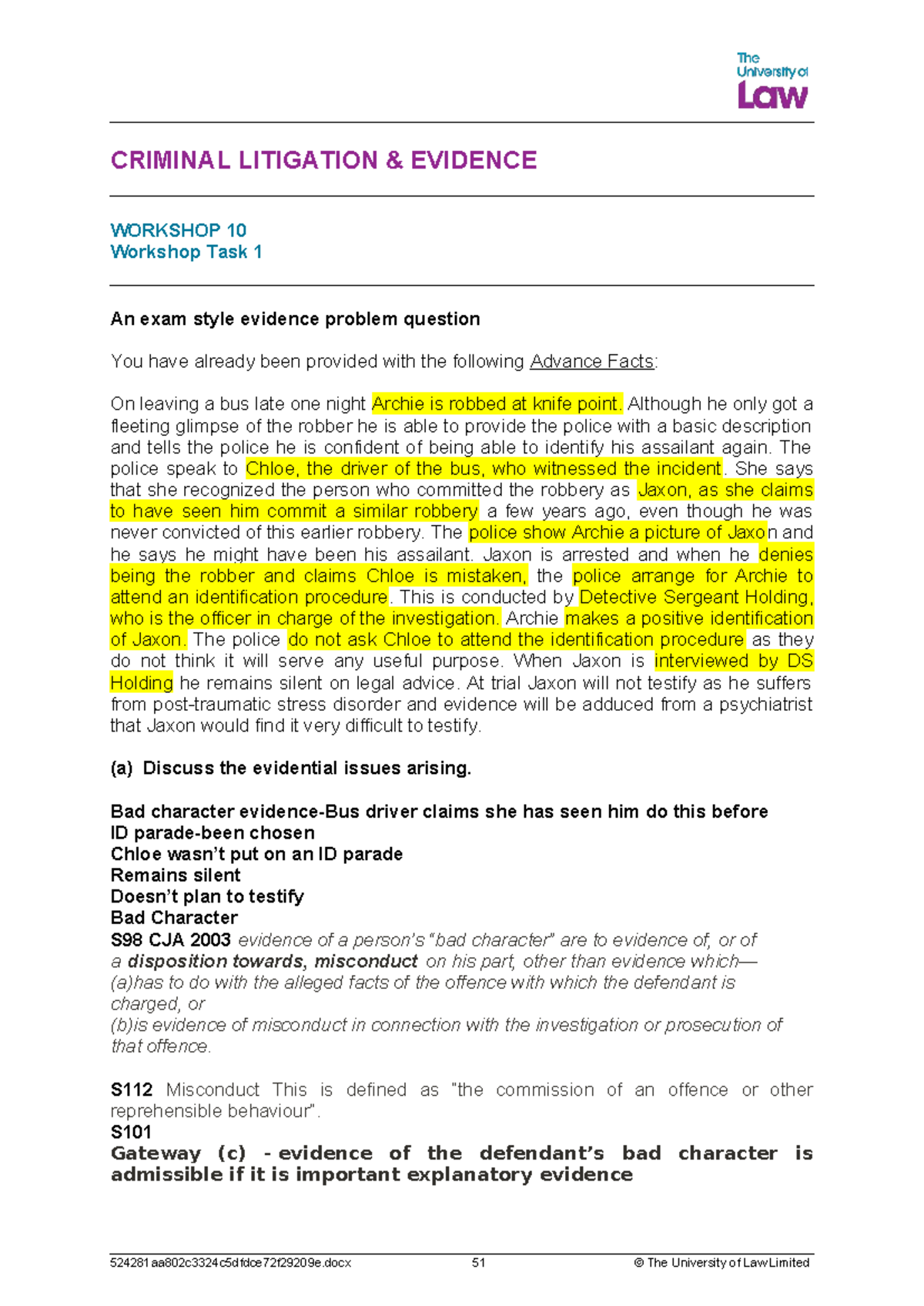 CRIMINAL LITIGATION EVIDENCE WORKSHOP 10: Exam Style Problem Questions ...